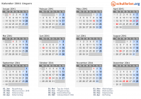 Kalender 2041 mit Ferien und Feiertagen Ungarn