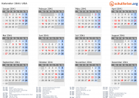 Kalender 2041 mit Ferien und Feiertagen USA