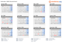Kalender 2086 mit Ferien und Feiertagen Deutschland